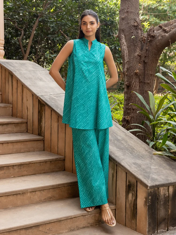 FIORRA Women s Teal Green Cotton Printed Co-ord Set